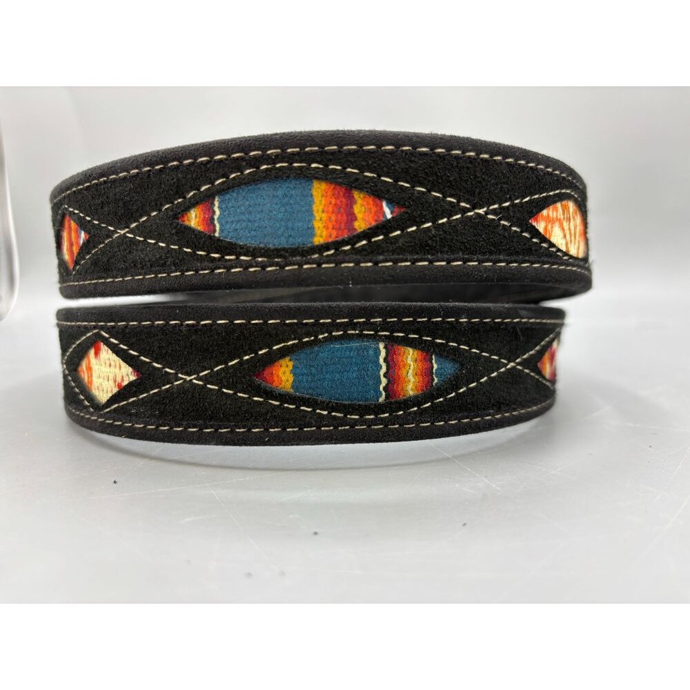 Black Suede Southwest Pattern Belt With Colorful Embroidered Inlay Aztec 43"
